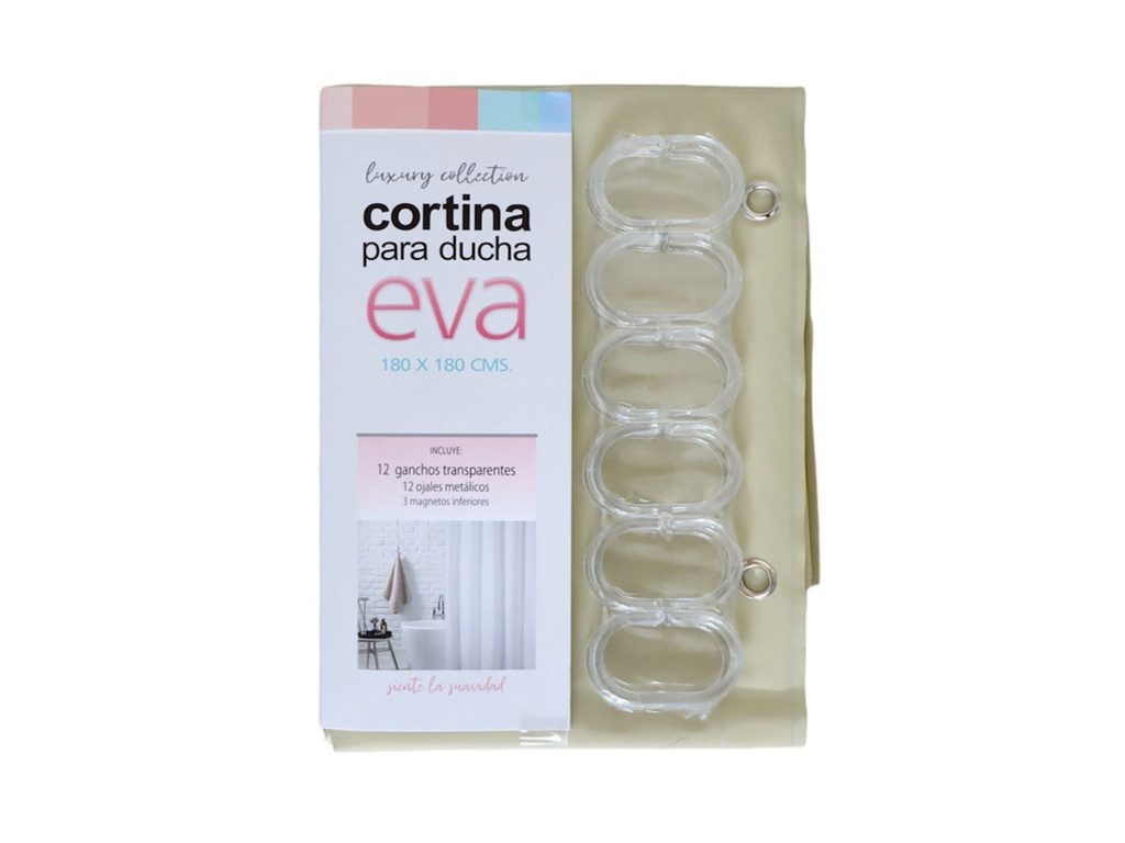 Cortina Eva Beige P/ Baño C/ 12 Ganchos 180 x 180 cm.